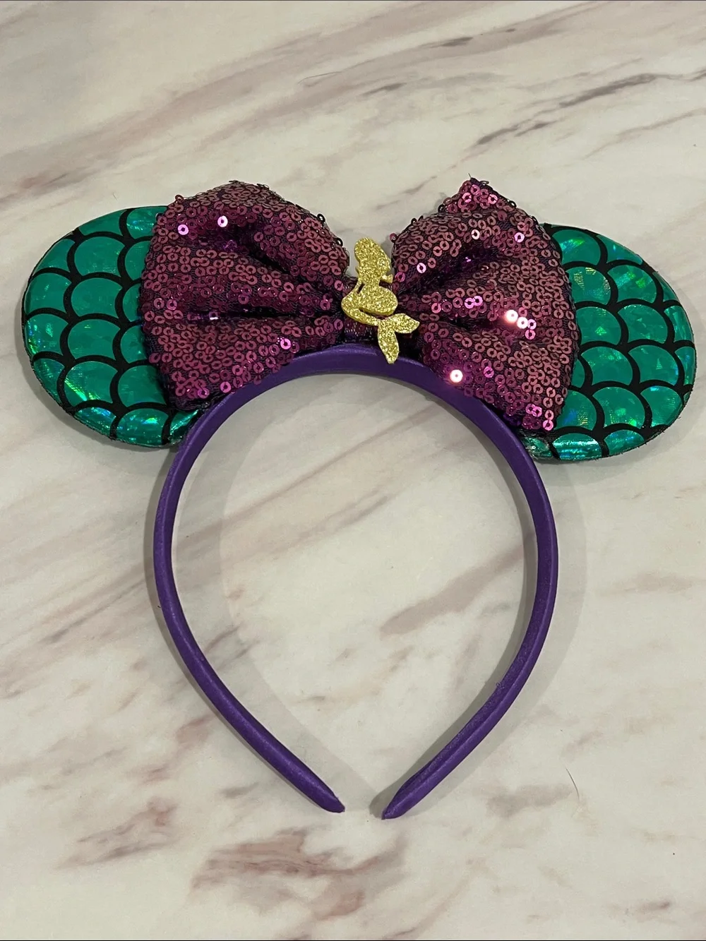 Kids Sequin Mermaid Ear Headband - Purple Bow & Green Scales